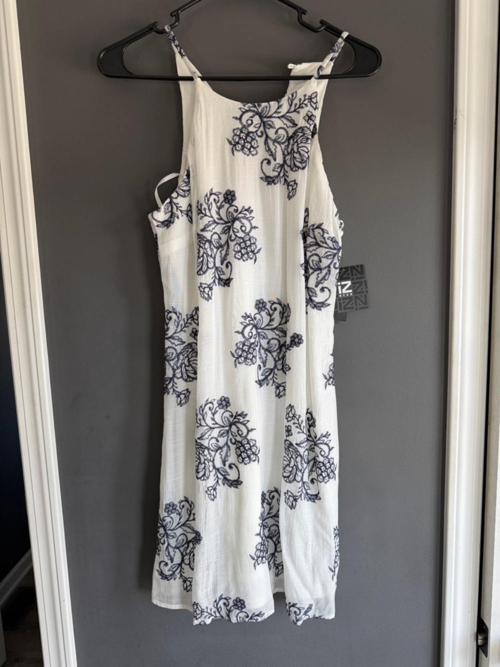Iz Byer White Midi Dress with Navy Floral Motif